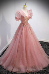 Pink V-Neck Tulle Long Prom Dresses, A-Line Short Sleeve Evening Dresses
