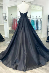 Black Satin Long A-Line Prom Dress, Black Evening Party Dress