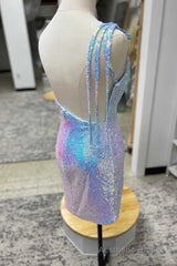 Light Blue Sequin One-Shoulder Flowers Short Party Dress