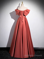 A-Line Off Shoulder Off Shoulder Satin Long Prom Dress, Watermelon Red Long Formal Dress