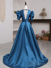 A-Line V Neck Satin Long Prom Dresses, Blue Satin Long Evening Dress