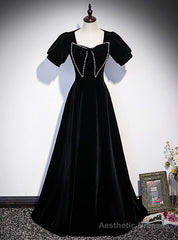 Black Velvet Short Sleeve Pearls Prom Dresses