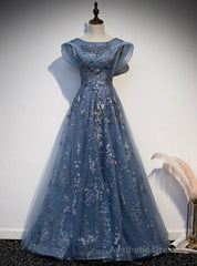 Blue Tulle Sequins Cap Sleeve Scoop Prom Dress