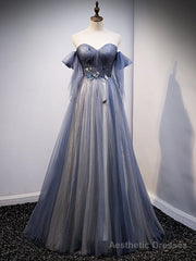 Blue Tulle Sweetheart Pleats Appliques Prom Dress
