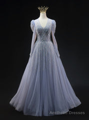 Blue Tulle V-neck Long Sleeve Beading Prom Dress