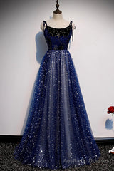 Blue Velvet Tulle Long Prom Dress, A-Line Evening Party Dress