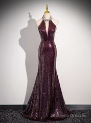 Burgundy Mermaid Sequins Beading Backless Prom Dress