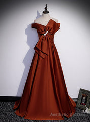 Burgundy Satin Bow Off the Shoulder Prom Dress