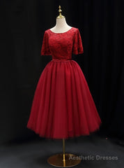 Burgundy Tulle Lace Short Sleeve Homecoming Dress