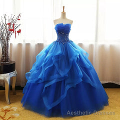 Charming Royal Blue Tulle Prom Gown , Sweet Party Dress