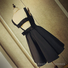 Cute Short Black Satin Knee Length Homecoming Dress, Black Party Dress