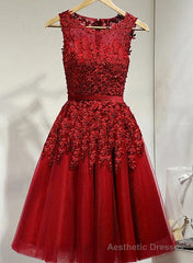 Dark Red Tulle Knee Length Party Dress, Wine Red Homecoming Dress