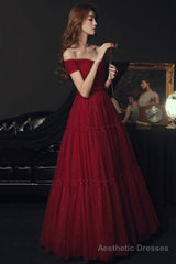 Burgundy tulle off shoulder prom dress evening dress