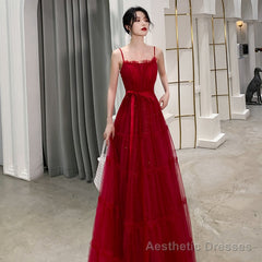 Burgundy tulle long prom dress, evening dress