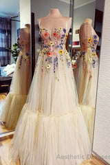 Spaghetti Straps Tulle Floor Length Long Prom Dress with Flowers, Evening Gown