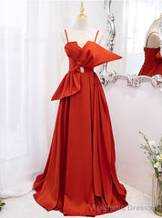 Orange Satin Spaghetti Straps Bow Prom Dress