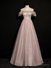 Pink Tulle Sequins Off the Shoulder Long Prom Dress
