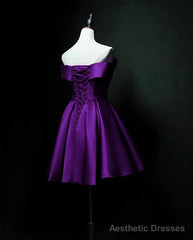 Purple Sweetheart Satin Off Shoulder Homecoming Dresses, Purple Short Prom Dresses
