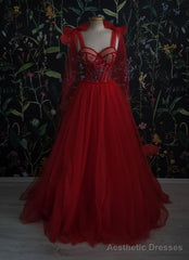 Red Velvet Prom Dress Tulle Evening Gowns