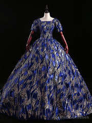 Royal Blue Sequins Short Sleeve Square Quinceanera Dress
