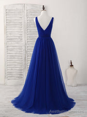 Simple V Neck Royal Blue Tulle Long Prom Dress Blue Evening Dress