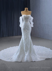White Mermaid Sequins Strapless Wedding Dress With Train